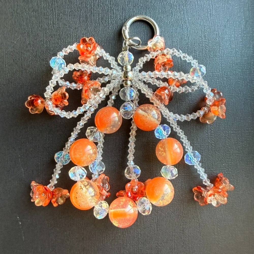 Sunset Blossom Garden Phone Wristlet Keychain Orange Glass Beaded Charm Handmade